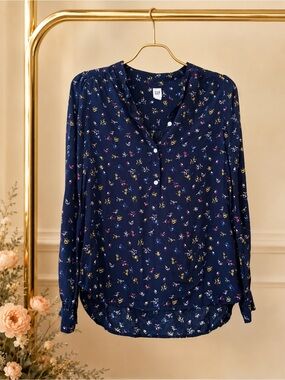 GAP Navy Ditsy Floral Long Sleeve Henley Popover Blouse Small
